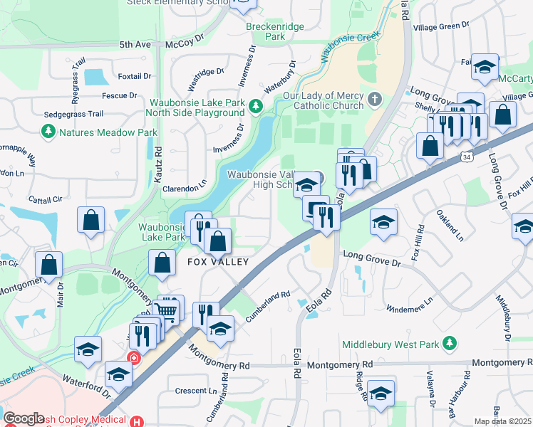 map of restaurants, bars, coffee shops, grocery stores, and more near 2476 Lakeside Drive in Aurora