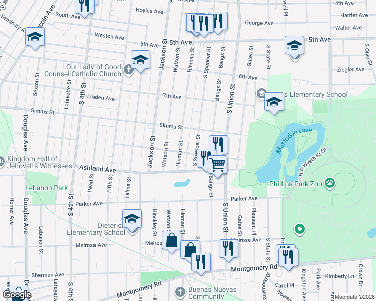 map of restaurants, bars, coffee shops, grocery stores, and more near 590 Binder Street in Aurora
