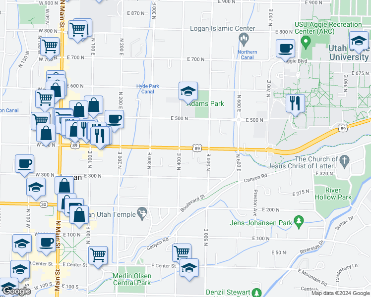 map of restaurants, bars, coffee shops, grocery stores, and more near 420 East 400 North in Logan