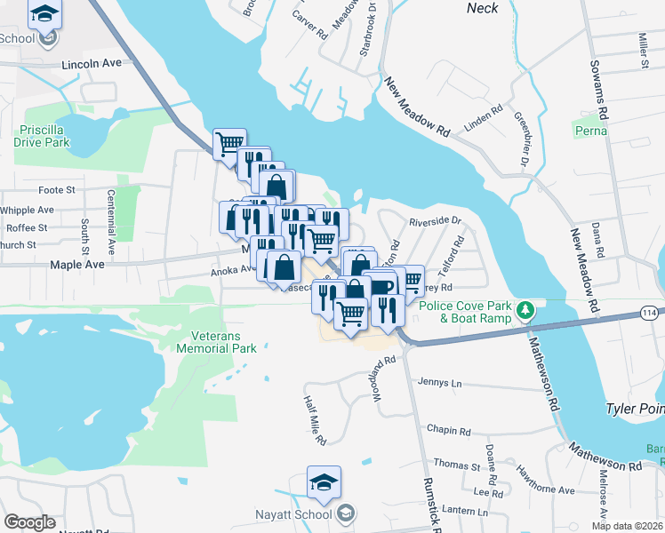 map of restaurants, bars, coffee shops, grocery stores, and more near 251 County Road in Barrington