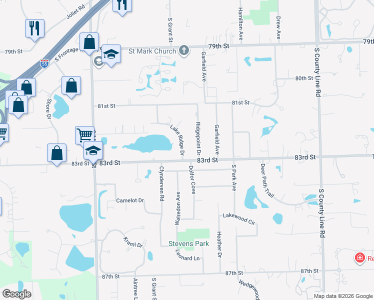 map of restaurants, bars, coffee shops, grocery stores, and more near 8261 Lake Ridge Drive in Burr Ridge