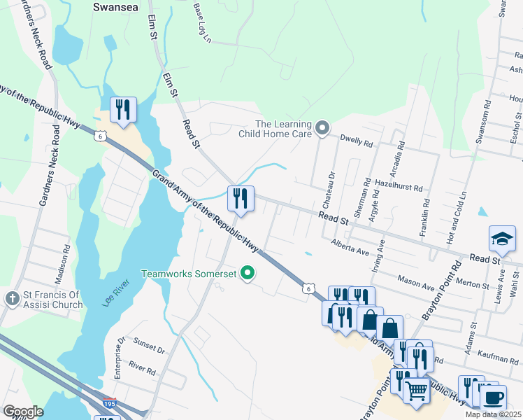 map of restaurants, bars, coffee shops, grocery stores, and more near 71 Park Avenue in Somerset