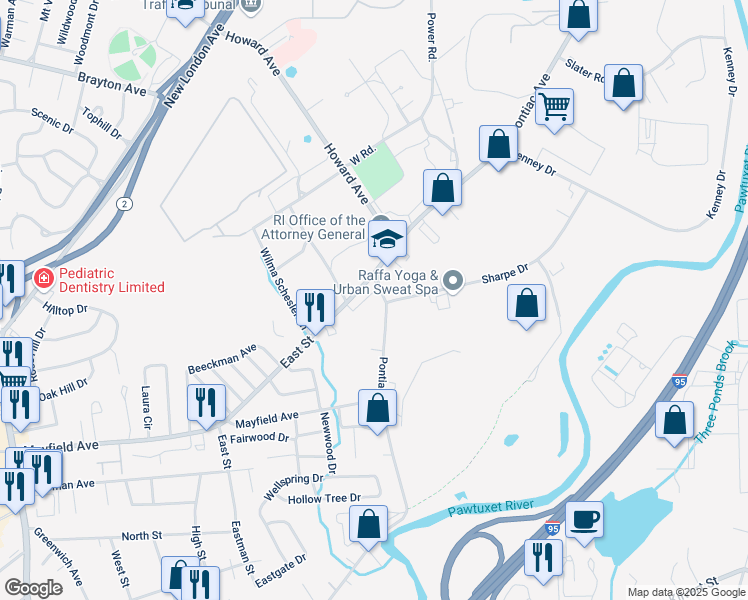 map of restaurants, bars, coffee shops, grocery stores, and more near 10 East Street in Cranston