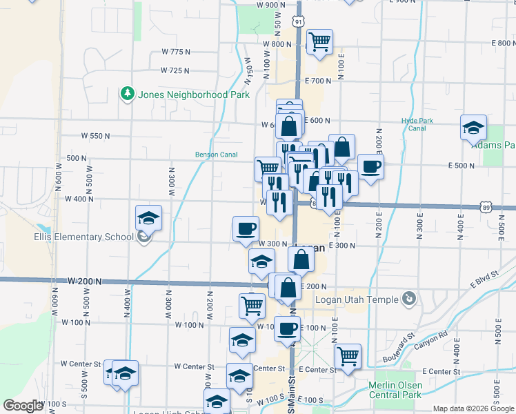 map of restaurants, bars, coffee shops, grocery stores, and more near 86 West 400 North in Logan