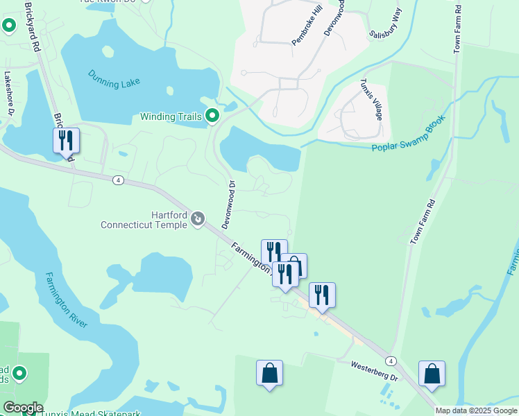 map of restaurants, bars, coffee shops, grocery stores, and more near 49 Fenwick Drive in Farmington