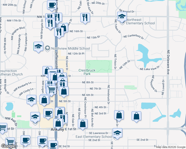 map of restaurants, bars, coffee shops, grocery stores, and more near 418 Northeast 9th Street in Ankeny