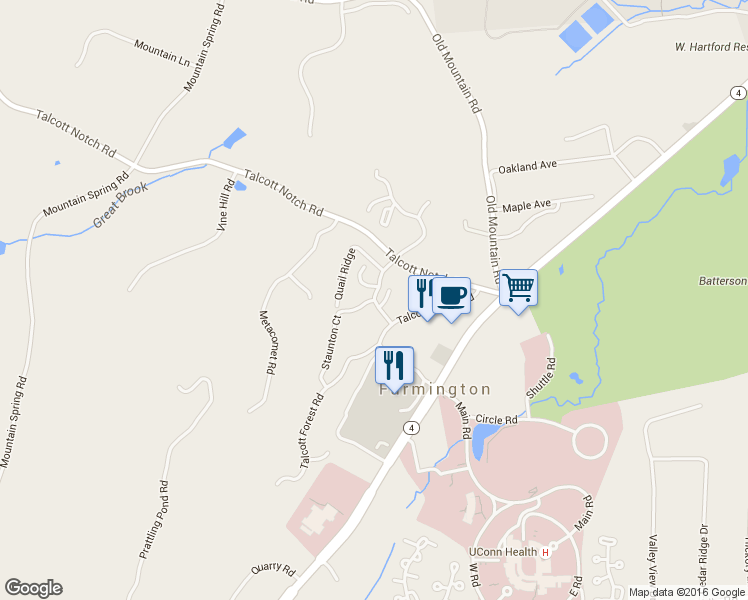map of restaurants, bars, coffee shops, grocery stores, and more near 4 Staunton Court in Farmington