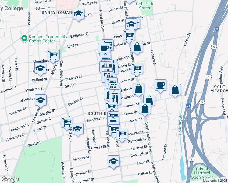map of restaurants, bars, coffee shops, grocery stores, and more near 400 Franklin Avenue in Hartford
