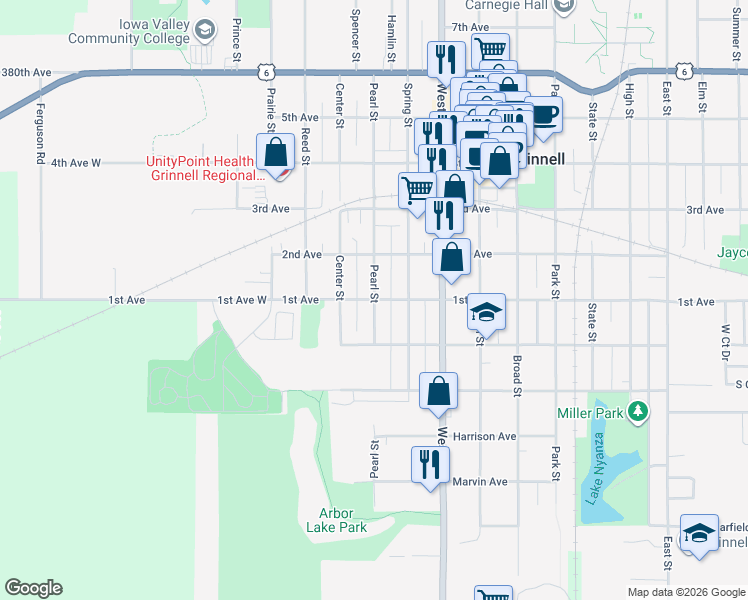 map of restaurants, bars, coffee shops, grocery stores, and more near 499 1st Avenue in Grinnell