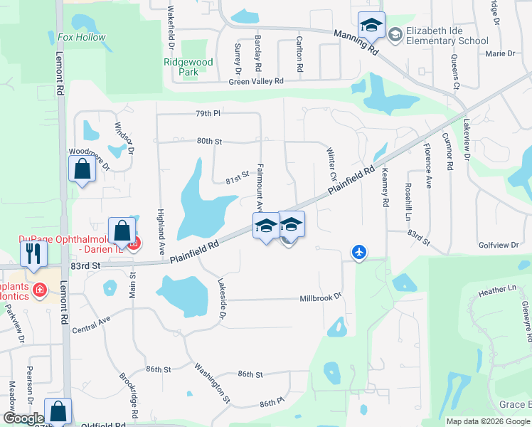 map of restaurants, bars, coffee shops, grocery stores, and more near 8133 Fairmount Avenue in Downers Grove
