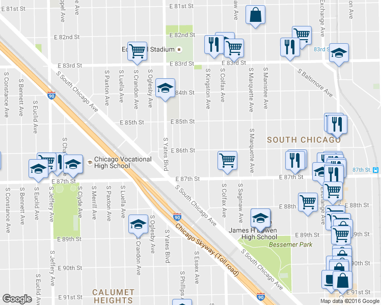 map of restaurants, bars, coffee shops, grocery stores, and more near 8600 South Essex Avenue in Chicago
