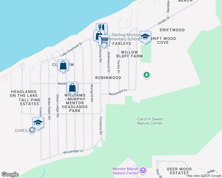 map of restaurants, bars, coffee shops, grocery stores, and more near 4846 Robinwood Drive in Mentor