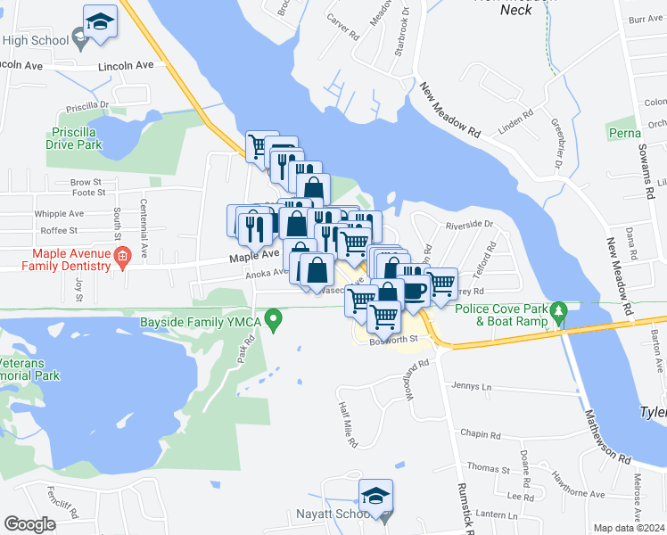 map of restaurants, bars, coffee shops, grocery stores, and more near 8 Anoka Avenue in Barrington
