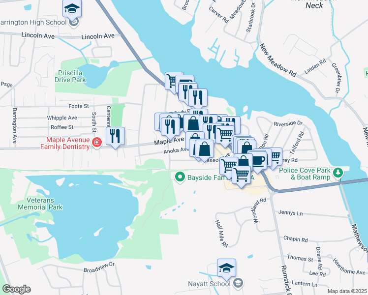 map of restaurants, bars, coffee shops, grocery stores, and more near 83 Anoka Avenue in Barrington