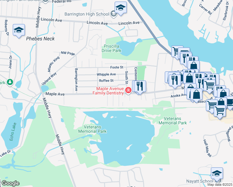 map of restaurants, bars, coffee shops, grocery stores, and more near 379 Maple Avenue in Barrington