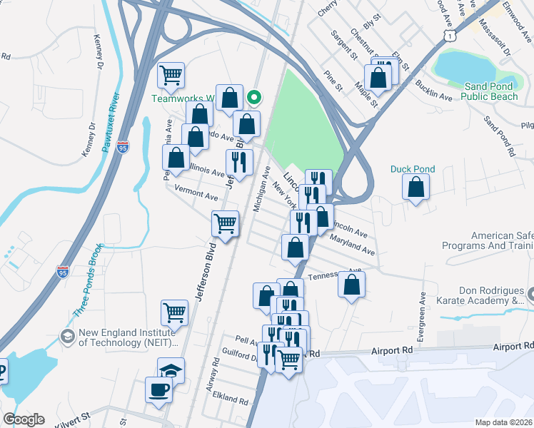 map of restaurants, bars, coffee shops, grocery stores, and more near 183 Maryland Avenue in Warwick