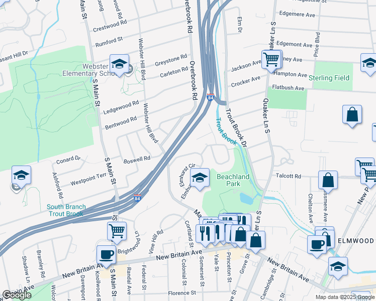 map of restaurants, bars, coffee shops, grocery stores, and more near 112 Elmhurst Street in West Hartford