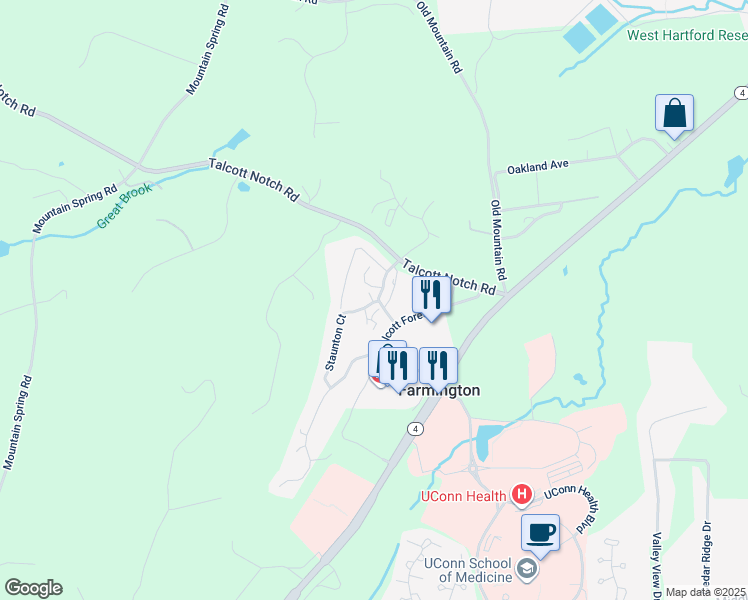 map of restaurants, bars, coffee shops, grocery stores, and more near 6 Talcott Ridge Road in Farmington