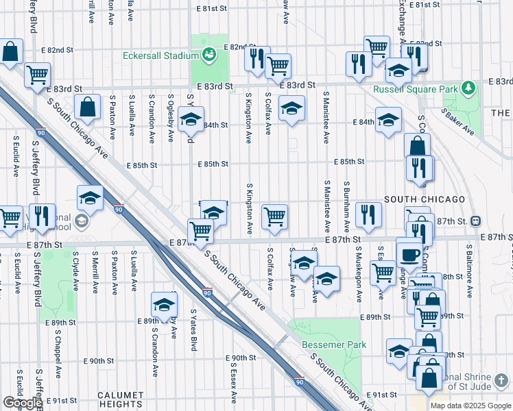 map of restaurants, bars, coffee shops, grocery stores, and more near 8600 South Kingston Avenue in Chicago