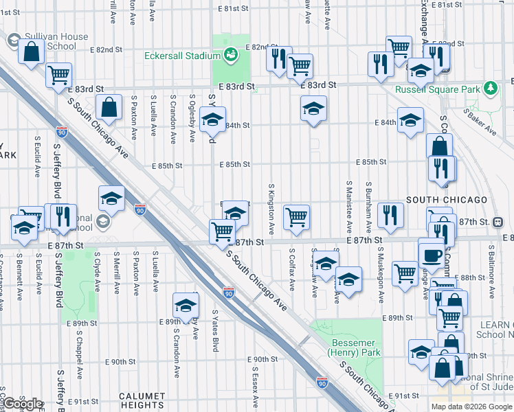 map of restaurants, bars, coffee shops, grocery stores, and more near 8600 South Essex Avenue in Chicago