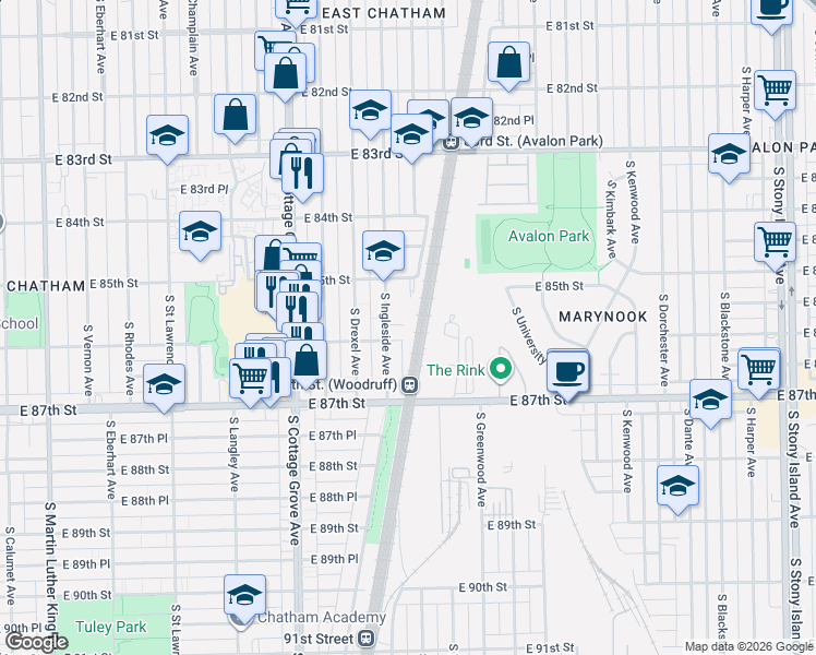 map of restaurants, bars, coffee shops, grocery stores, and more near 950 East 86th Street in Chicago