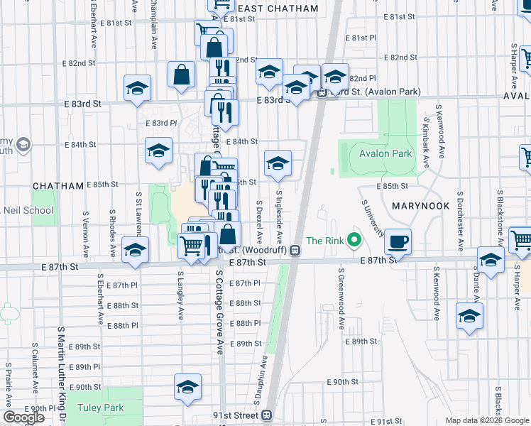 map of restaurants, bars, coffee shops, grocery stores, and more near 8546 South Ingleside Avenue in Chicago