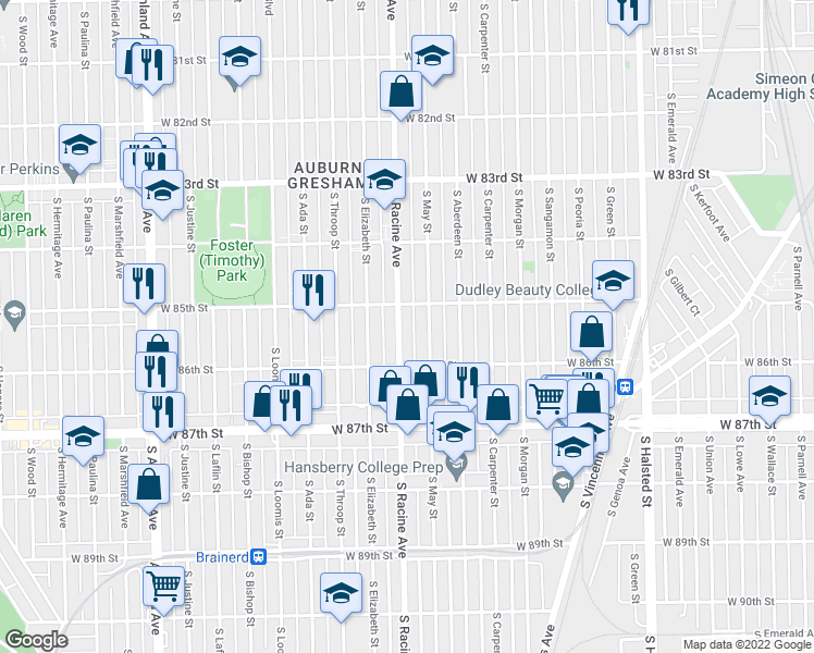 map of restaurants, bars, coffee shops, grocery stores, and more near 8516 South May Street in Chicago