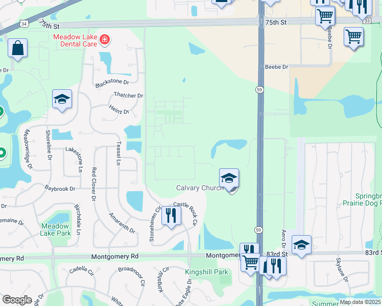 map of restaurants, bars, coffee shops, grocery stores, and more near 4230 Castle Rock Circle in Aurora