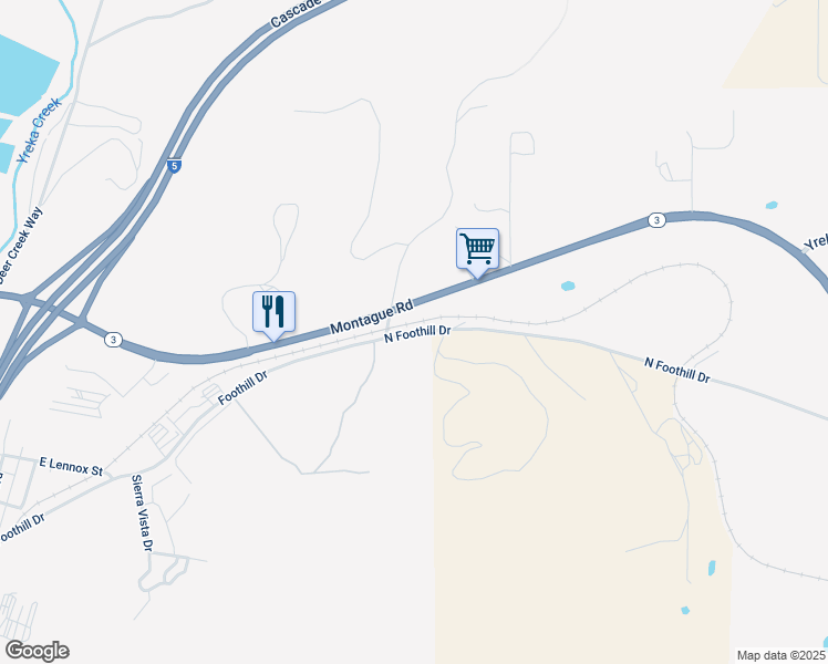 map of restaurants, bars, coffee shops, grocery stores, and more near North Foothill Drive in Yreka