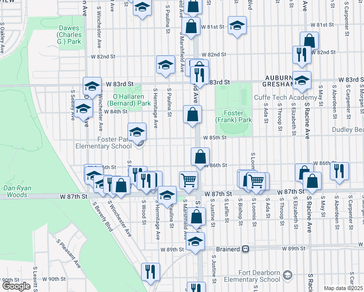 map of restaurants, bars, coffee shops, grocery stores, and more near 8514 South Marshfield Avenue in Chicago