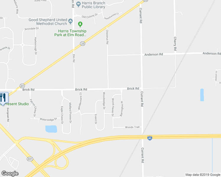 map of restaurants, bars, coffee shops, grocery stores, and more near 13755 Brick Road in Granger
