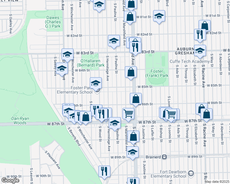 map of restaurants, bars, coffee shops, grocery stores, and more near 8514 South Paulina Street in Chicago