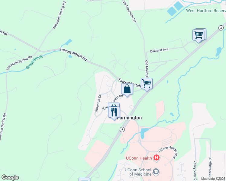 map of restaurants, bars, coffee shops, grocery stores, and more near 6 Talcott Ridge Road in Farmington