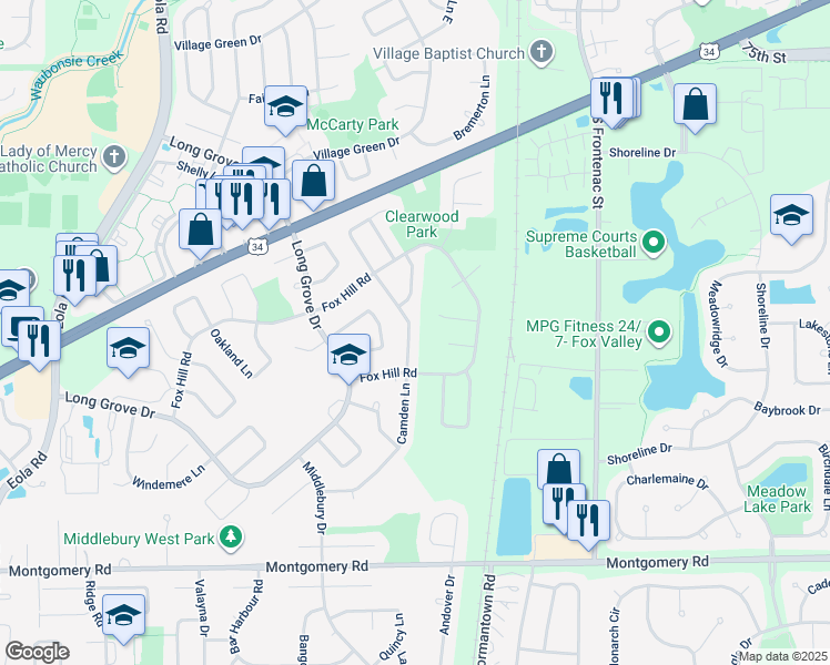 map of restaurants, bars, coffee shops, grocery stores, and more near 930 Camden Lane in Aurora