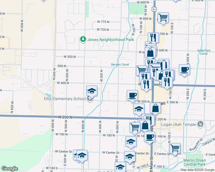 map of restaurants, bars, coffee shops, grocery stores, and more near 264 West 400 North in Logan
