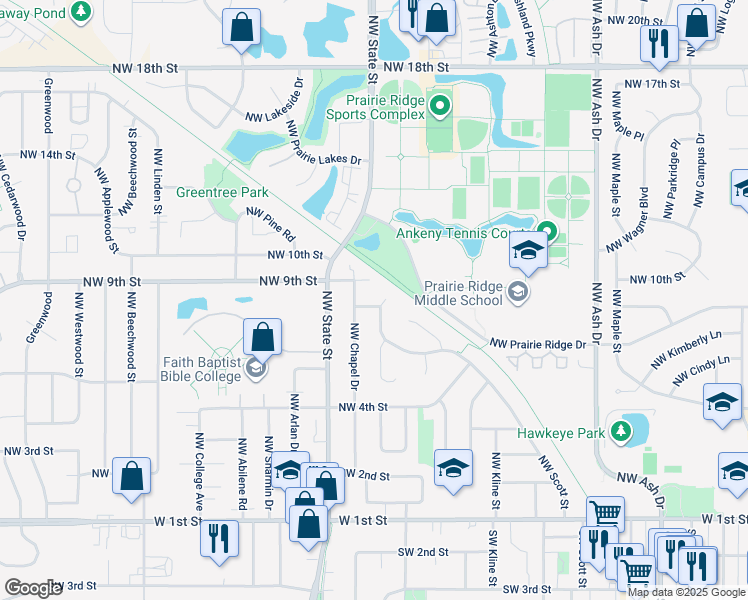 map of restaurants, bars, coffee shops, grocery stores, and more near 745 Northwest Scott Street in Ankeny