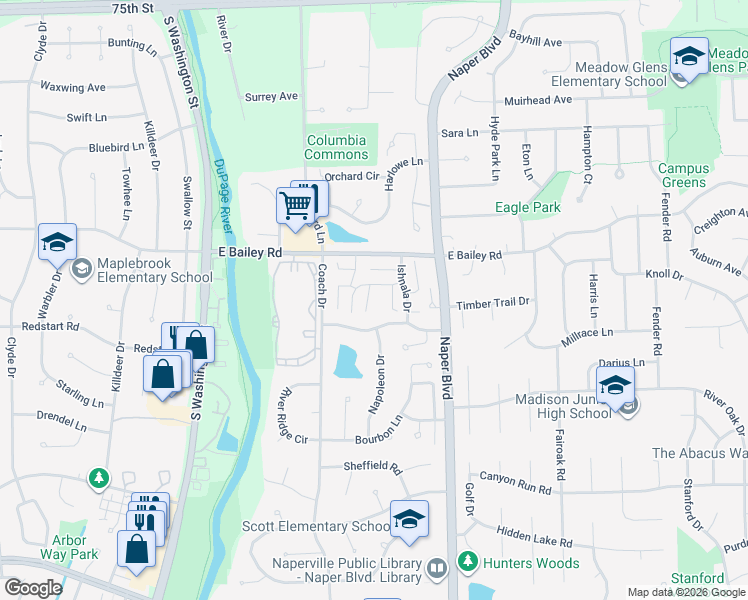 map of restaurants, bars, coffee shops, grocery stores, and more near 530 Kiowa Circle in Naperville