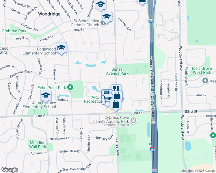 map of restaurants, bars, coffee shops, grocery stores, and more near 8104 Waterbury Court in Woodridge