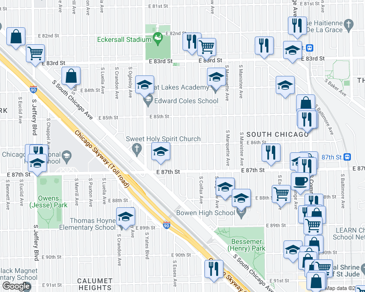 map of restaurants, bars, coffee shops, grocery stores, and more near 8600 South Kingston Avenue in Chicago