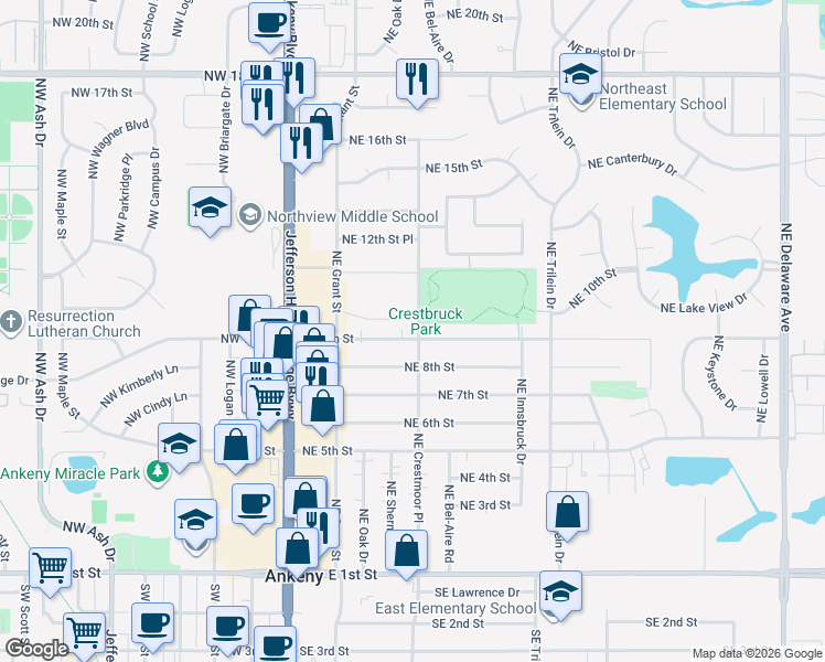 map of restaurants, bars, coffee shops, grocery stores, and more near 326 NE 9th St in Ankeny