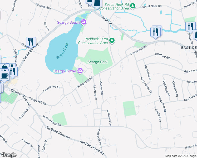 map of restaurants, bars, coffee shops, grocery stores, and more near 4 Mooring Lane in Dennis