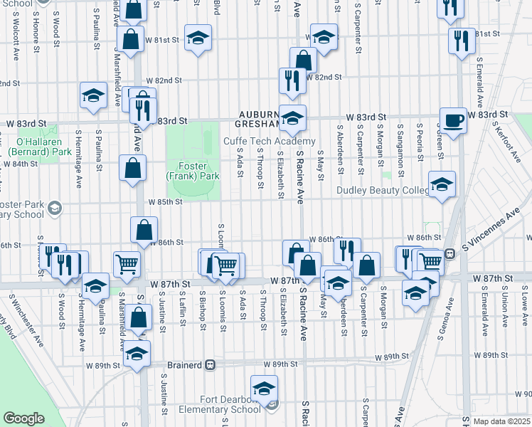map of restaurants, bars, coffee shops, grocery stores, and more near 8519 South Throop Street in Chicago