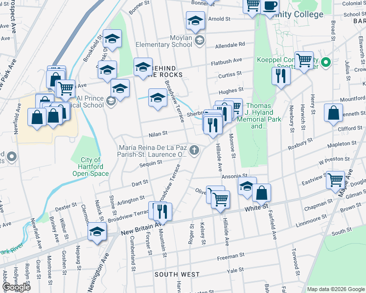 map of restaurants, bars, coffee shops, grocery stores, and more near 506 Broadview Terrace in Hartford