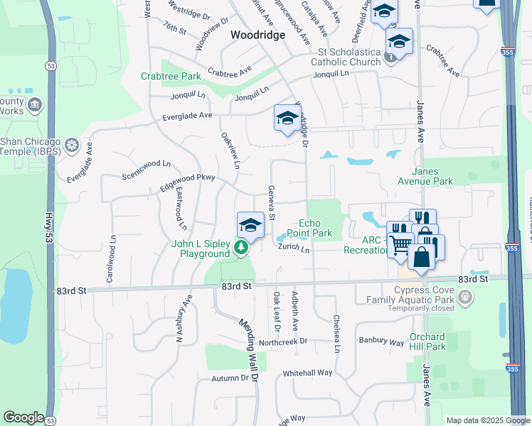 map of restaurants, bars, coffee shops, grocery stores, and more near 8056 Geneva Street in Woodridge