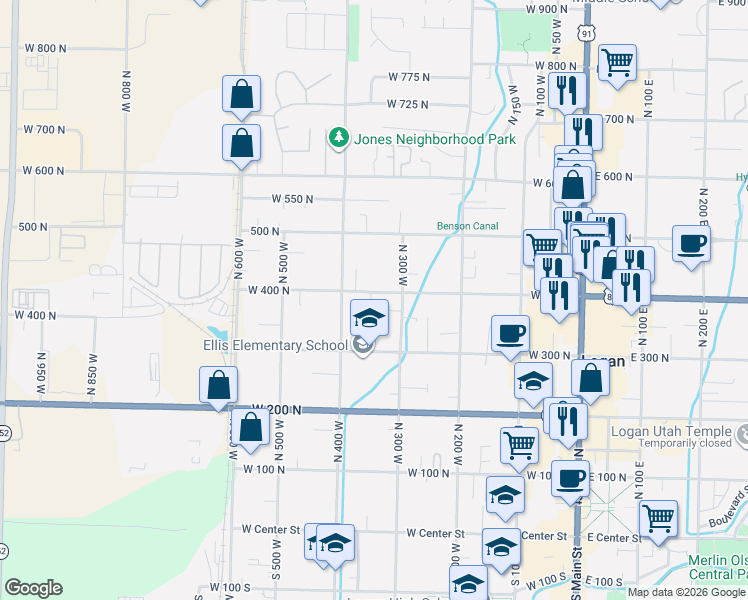map of restaurants, bars, coffee shops, grocery stores, and more near 346 West 400 North in Logan