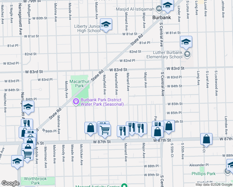 map of restaurants, bars, coffee shops, grocery stores, and more near 8421 Mansfield Avenue in Burbank
