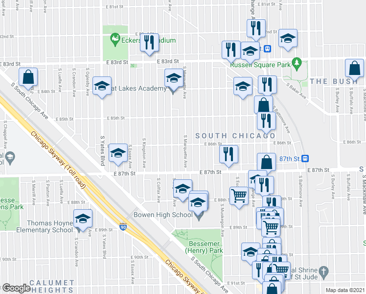 map of restaurants, bars, coffee shops, grocery stores, and more near 8600 South Marquette Avenue in Chicago