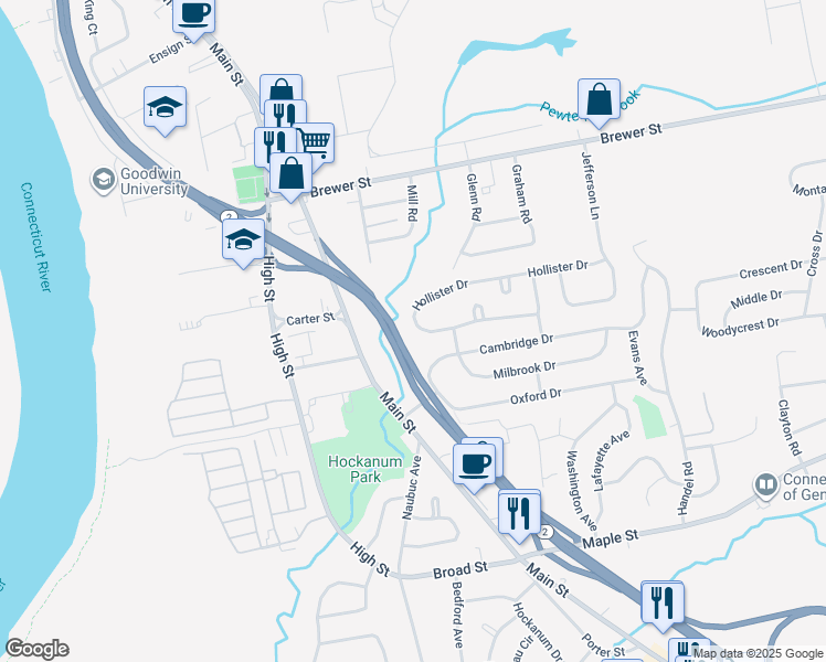 map of restaurants, bars, coffee shops, grocery stores, and more near 103 Hollister Drive in East Hartford