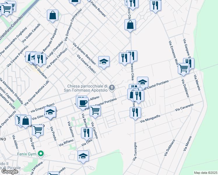 map of restaurants, bars, coffee shops, grocery stores, and more near 70 Via Lino Liviabella in Città Metropolitana di Roma