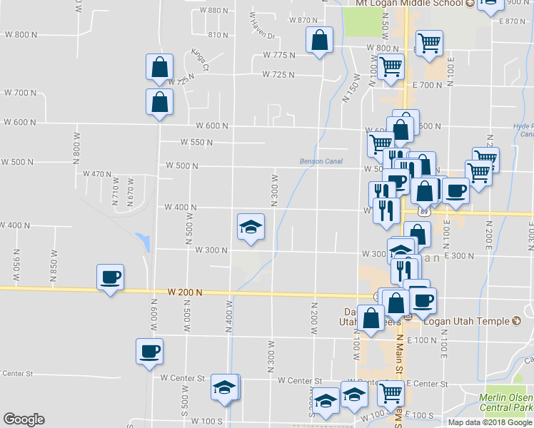map of restaurants, bars, coffee shops, grocery stores, and more near 397 North 300 West in Logan